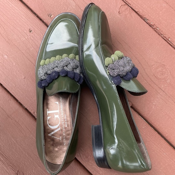 AGL Green Patent Leather Loafers with Fringe Detail - Picture 3 of 6